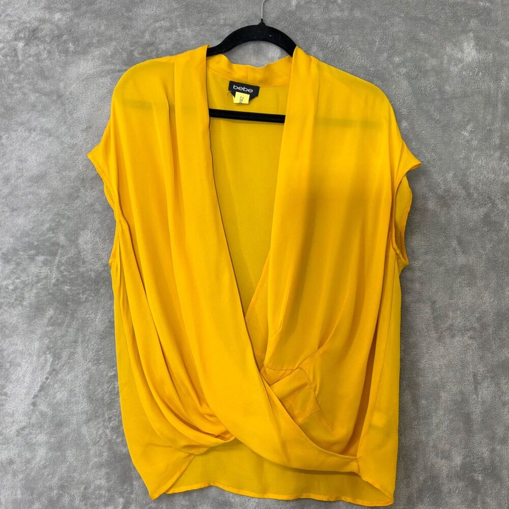 Bebe 100% Silk blouse Cross Over Drape short sleeve Top Size XL  Mustard Yellow
